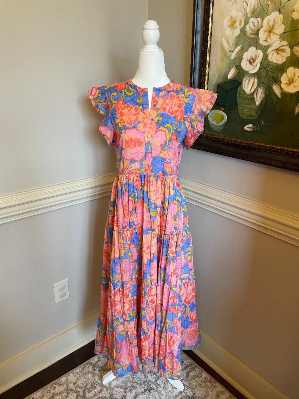 Karlie Pink and Blue Floral Flutter Sleeve Maxi Dress Size M